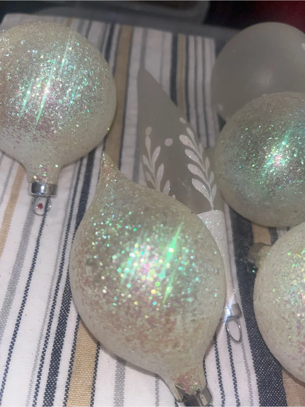 Hand-Painted Gray and Glitter Christmas Ornaments - Set of VTG Glass 166